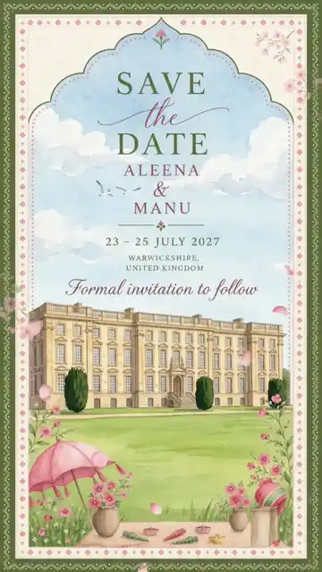 Save the Date: Aleena and Manu, 23 to 25 July 2027, Stoneleigh Abbey, Warwickshire, United Kingdom